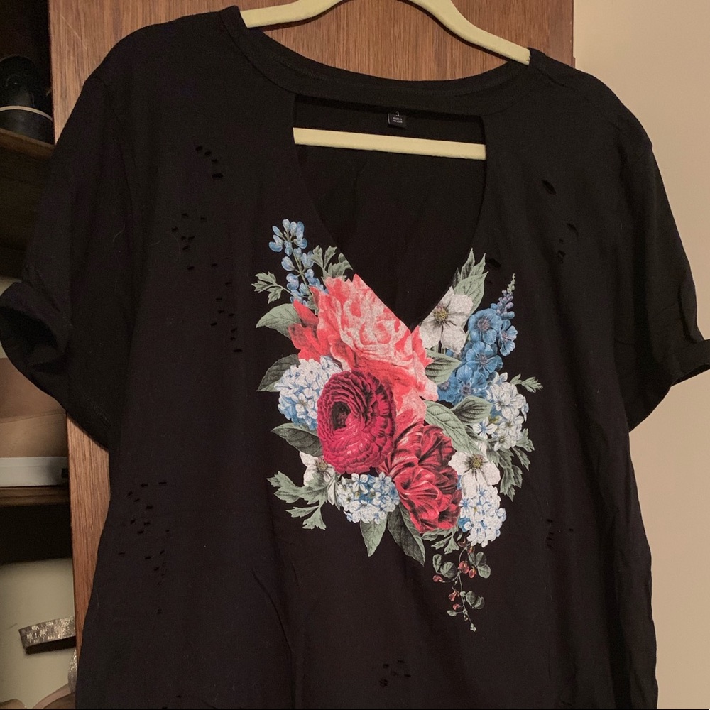 Torrid Black Floral Cutout Tee 3X